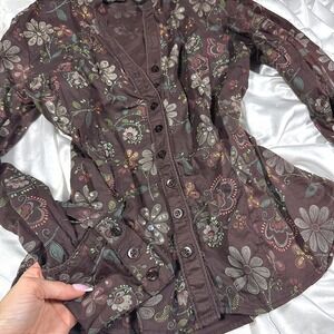Autograph New York Brown Floral Sequin Beaded Button Down Blouse Medium